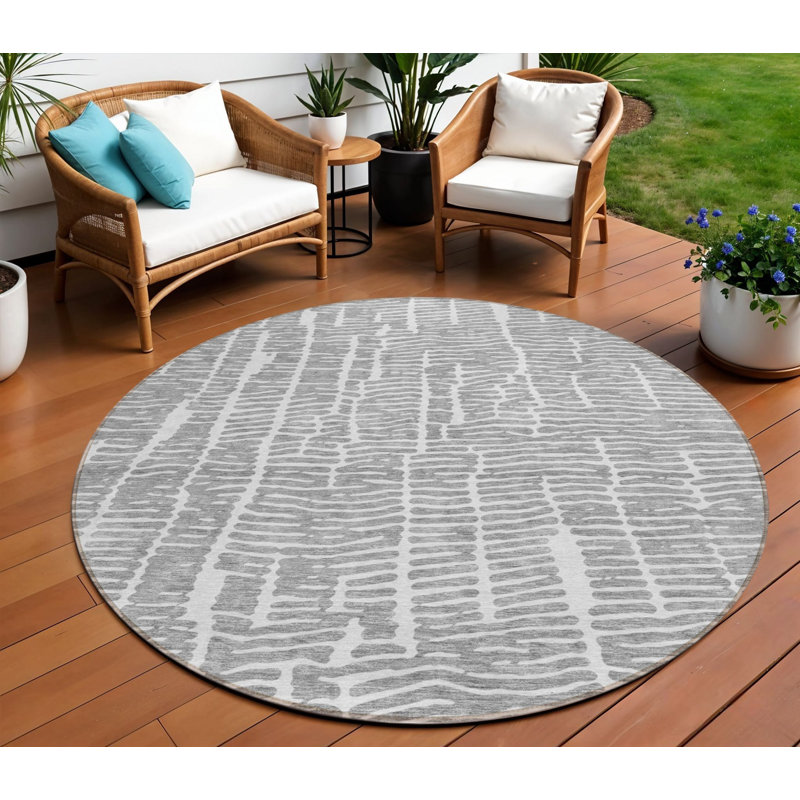 Tapis intérieur rond lavable abstrait gris et ivoire 8 pi
