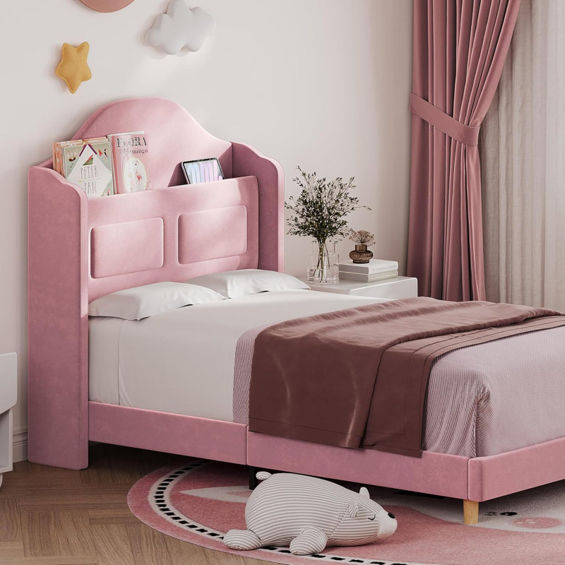 Twin Platform Bed Frame with LED Lights & Upholstered Storage Headboard, Velvet Fabric, No Box Spring Needed, Pink