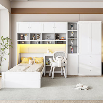 Lit plateforme simple en bois avec bureau, armoire, armoires, tiroirs et tablettes
