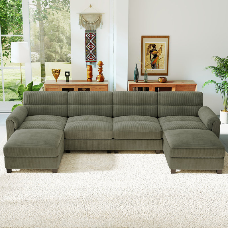 Dona 6-Piece Corduroy Upholstered Modular Sectional, 2 Ottomans, Pillowtop Arm, Green Corduroy