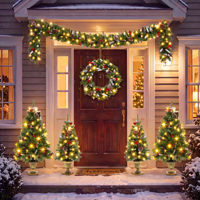 6-Piece Christmas Tree Set with Pre-Lit Wreath & Garland, Artificial Potted Trees with Warm LED Lights, Pinecones & Red Berries for Indoor Holiday Decor