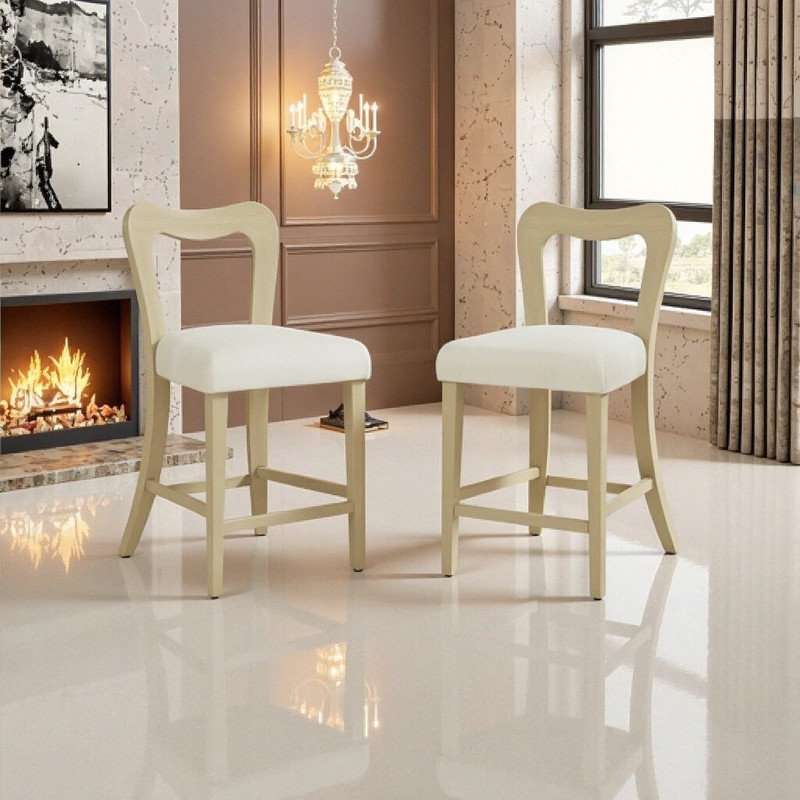 Ensemble de 2 tabourets à hauteur de comptoir en bois d'hévéa massif sans accoudoirs, Blanc, Naturel