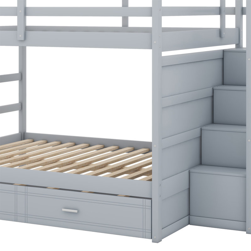 Bunk Bed With Trundle And Staircase, Gray