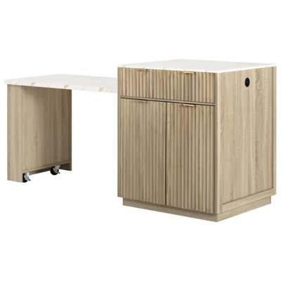 K&K 82.6" Fluted Kitchen Island With Extendable Dining Table For 4-6, Island Table For Kitchen With Power Outlet, Kitchen Table With Double-Side Storage, 2 Drawers 2 Side Open Shelves, Natural