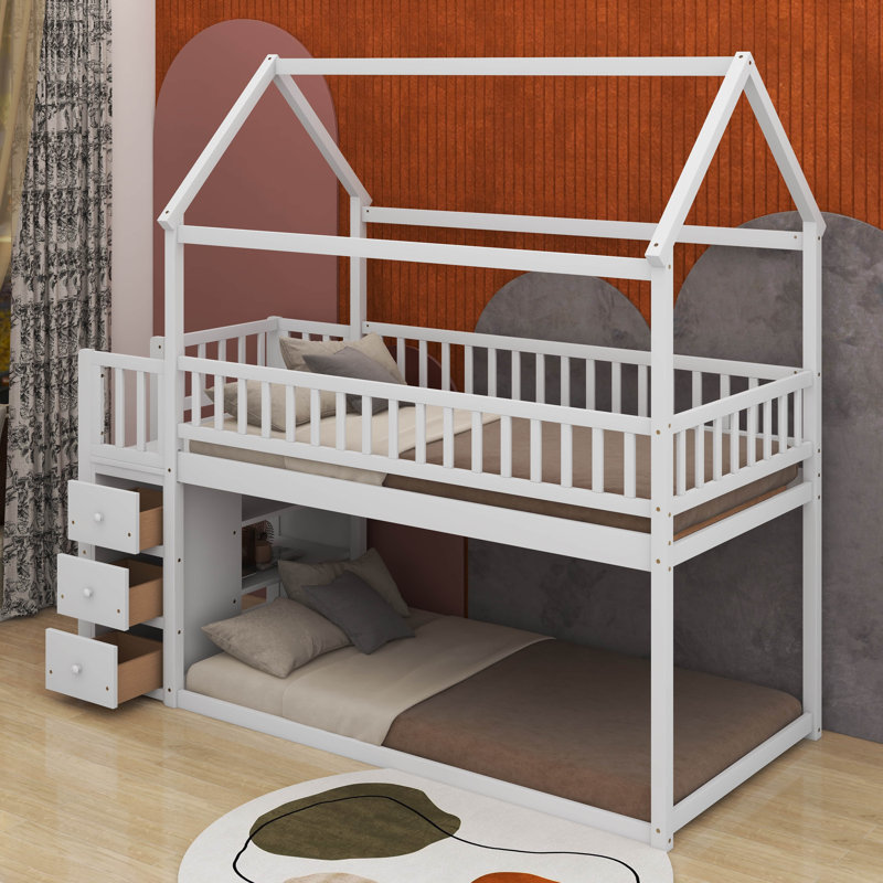 Twin Over Twin House Bunk Bed With Shelves And Drawers, White