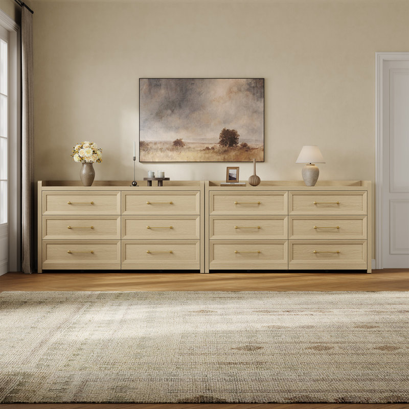 56.4"W Modern 6-Drawer Dresser, Light Oak