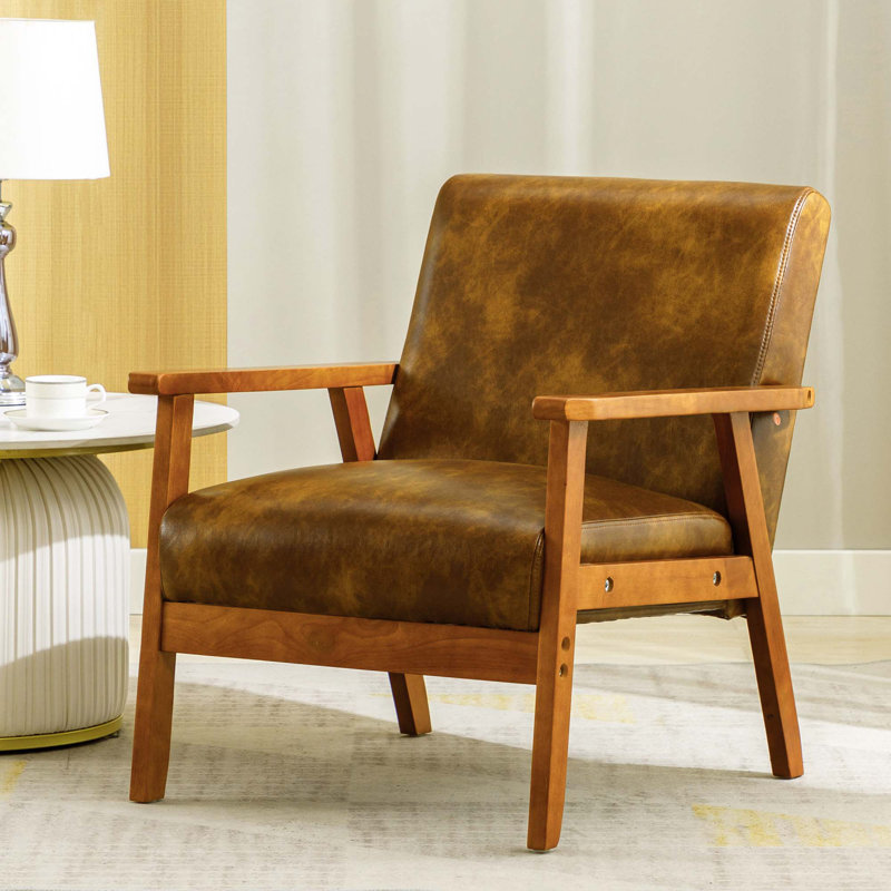 Ayvie Mid-Century Faux Leather Armchair with Solid Wood Frame