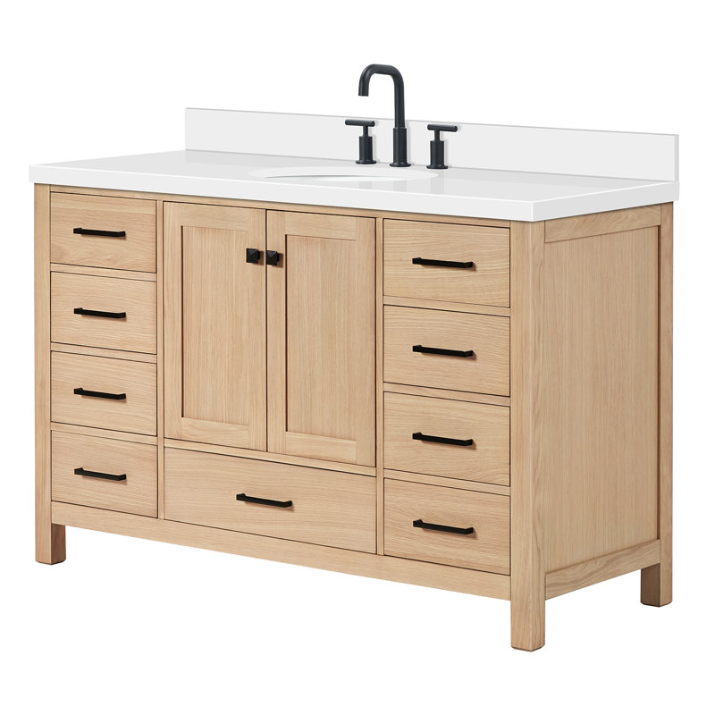 Cambridge 55'' Single Bathroom Vanity with White Quartz Top, Oak / Matte Black, Oval