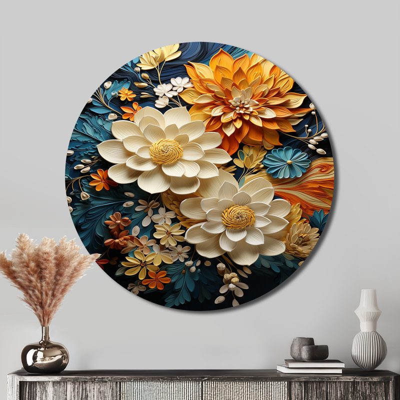 Tourbillon botanique orange sarcelle II - Art abstrait rond en métal, H 16 po x l 16 po x P 1 po