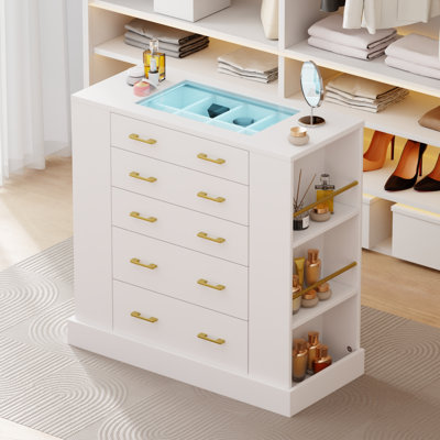 Modern 5-Drawer Dresser with Glass Top, LED Light &  Double-Sided Storage Open Shelves, Large Chest of Drawers for Bedroom, Living Room, White