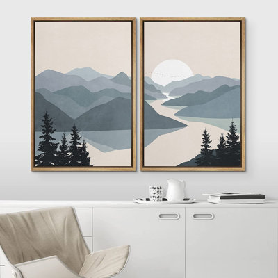 Sun Mountain Landscape "Greenish Gray River Abstract Nature Framed Canvas Print 2 Pieces Wall Art