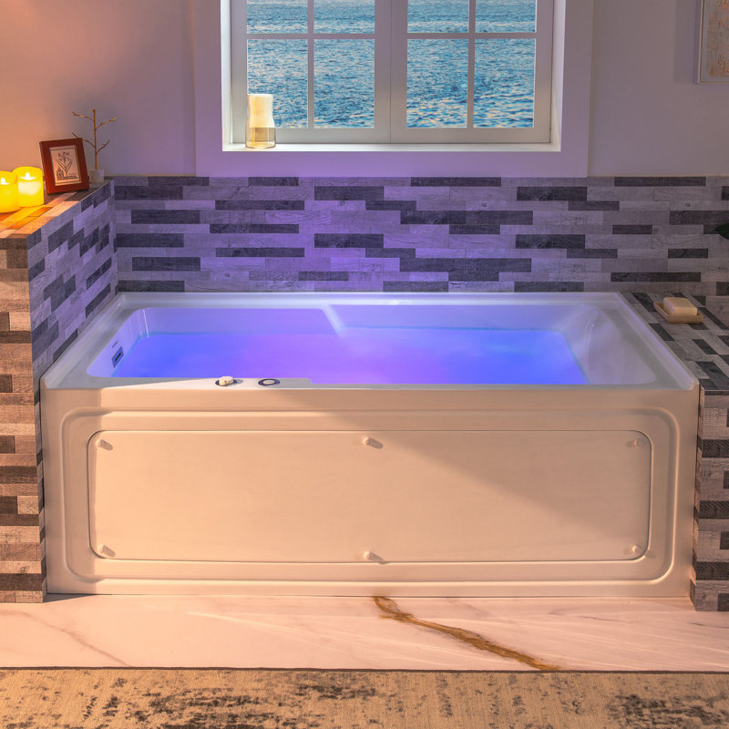 60" x 30" Whirlpool Heated Rectangular Alcove Acrylic Bathtub with Chrome/Matte Black Drain and Overflow, Left