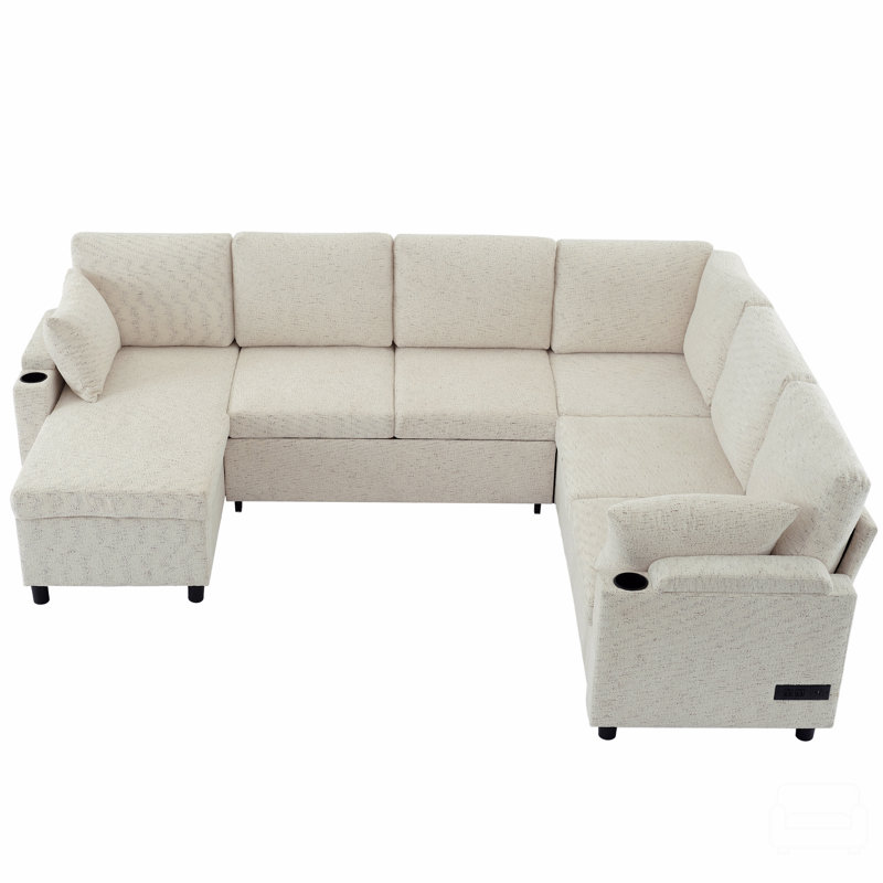 Canapé-lit modulaire polyvalent de 109,9 po avec canapé-lit en U avec espace de rangement, deux porte-gobelets et ports de chargement