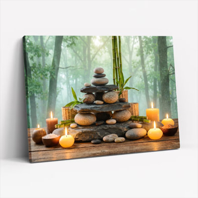 Ensemble de 1 tableau mural sur toile tendue représentant un jardin zen avec des pierres, des bougies et du bambou