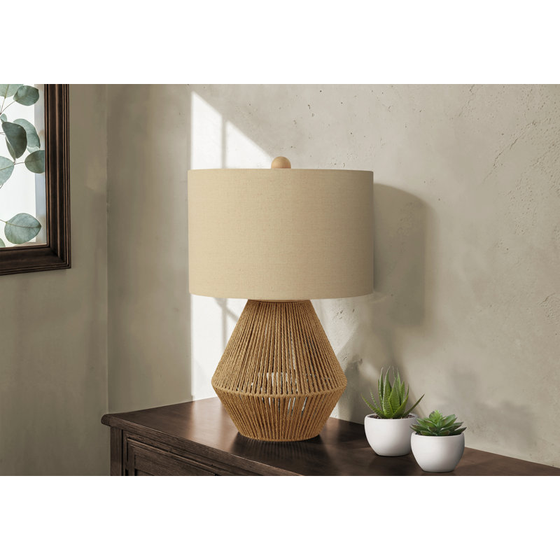 Lighting, H 22 po, lampe de table, corde brune, abat-jour beige, transitionnel