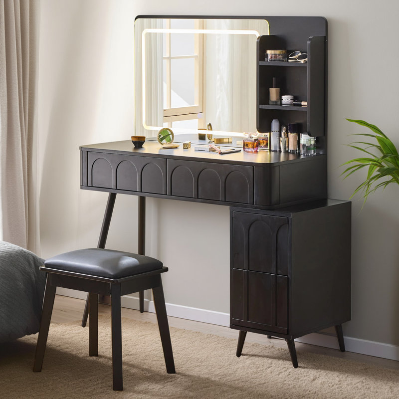 Modern Makeup Vanity Desk with LED Lights & Mirror, 4 Drawer Dressing Table Set with Stool, 3 Colors Dimmable Brightness, Space-Saving for Bedroom