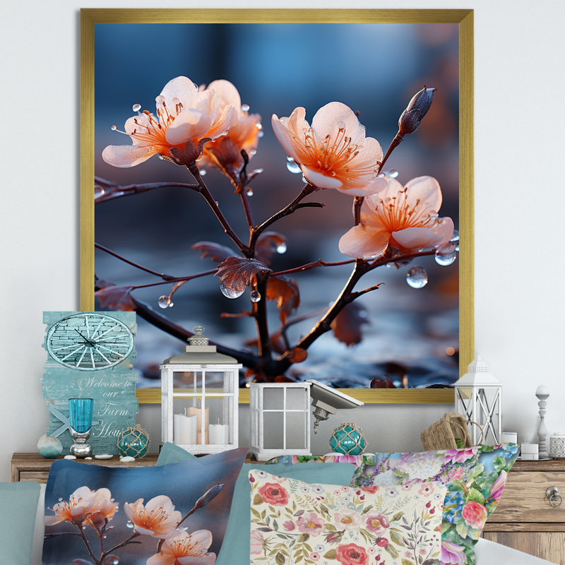Hiver, fleurs de cerisier Blossoum III - plantes et fleurs, art mural, Cadre doré simple, H 30 po x l 30 po x P 1,5 po
