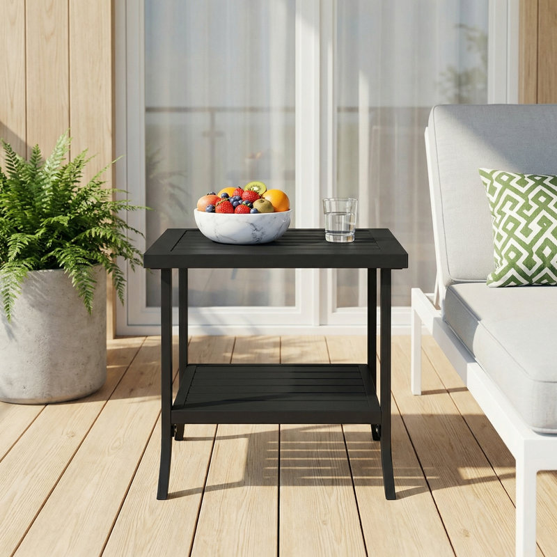 Metal 2-Tier Outdoor Table, 19" Square Outdoor Side Table for Many Occasions, Weather-Resistant Outdoor Coffee Table, Black