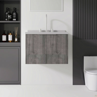 Meuble-lavabo flottant 24 po avec lavabo, porte à fermeture douce, comptoir et dosseret en marbre de granite blanc de 2 po, contreplaqué, gris
