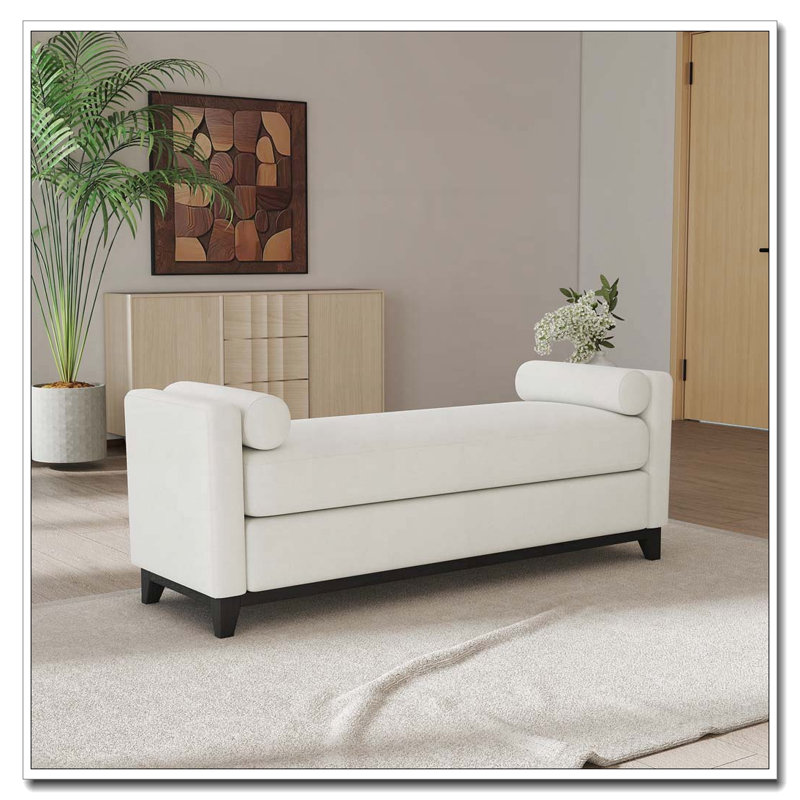 Solid Wood Upholstered Bench, 66.34 inch, Beige + noir