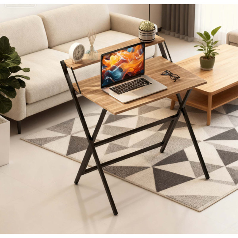 Folding Computer Desk,  With Monitor Shelf For Small Space, Home Office, Study, Natural, 34.1" H x 27.6" W x 24.4" D