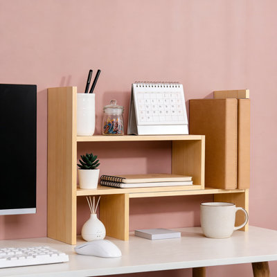Ensemble de rangement de bureau réglable, support de tablette extensible en bois naturel pour rangement de bureau, livres et fournitures, présentoir de table peu encombrant
