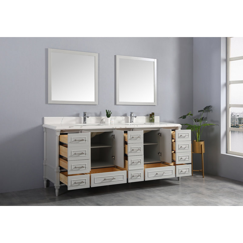 Ensemble de meuble-lavabo double 84 po Flavell, Gris Coventry, Calacatta, bordure double ogee