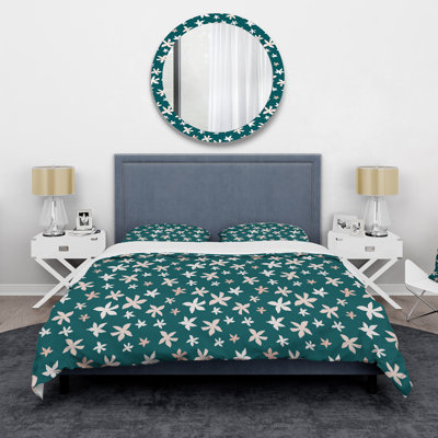 Fleurs roses et blanches rétro sur fond vert - ensemble de housse de couette traditionnel - microfibre de polyester
