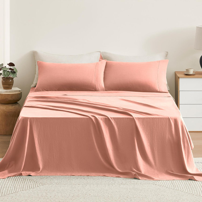 TOSMO 100% Linen Sheet Set, Queen, Rose Pink