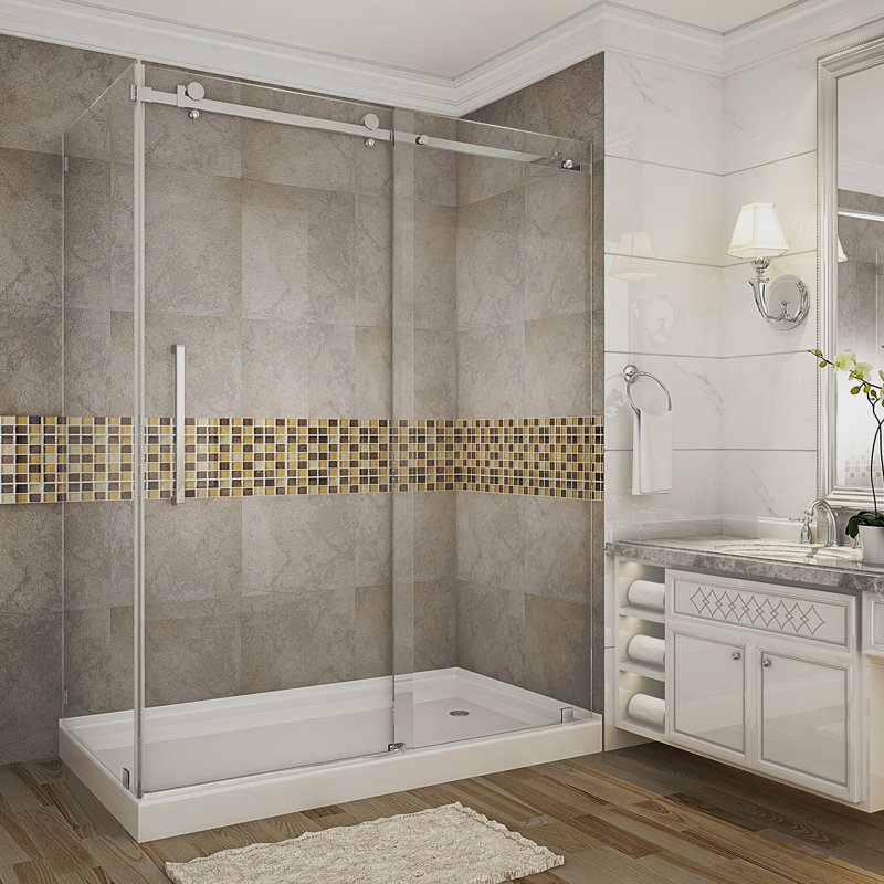 Moselle 60" W x 35" D x 77.5" H Frameless Rectangle Sliding Shower Enclosure with Base Included, Stainless Steel, Right