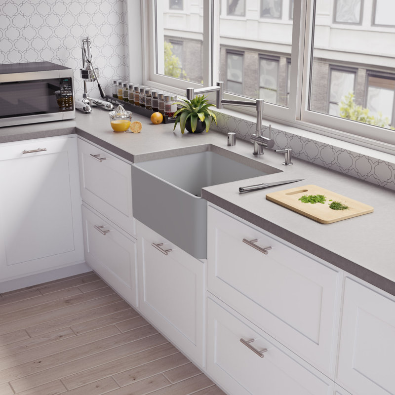 24'' L Single Bowl Fireclay Kitchen Sink, Gray Matte