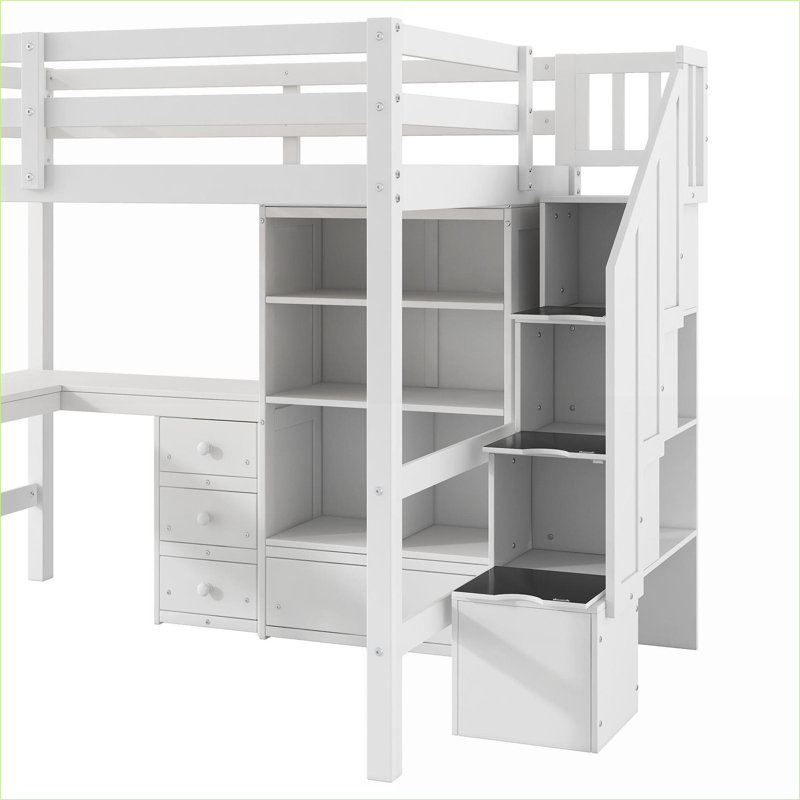 Lit mezzanine double avec rangement en L en bois de pin et bureau en L pleine grandeur