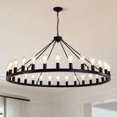 53" 28-Light Black Farmhouse Wagon Wheel Chandelier