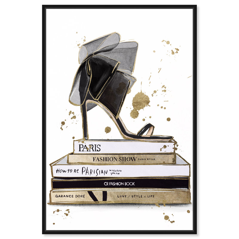 «Fashion Heel and Book Stack», impression sur toile, H 24 po x l 16 po, Cadre noir