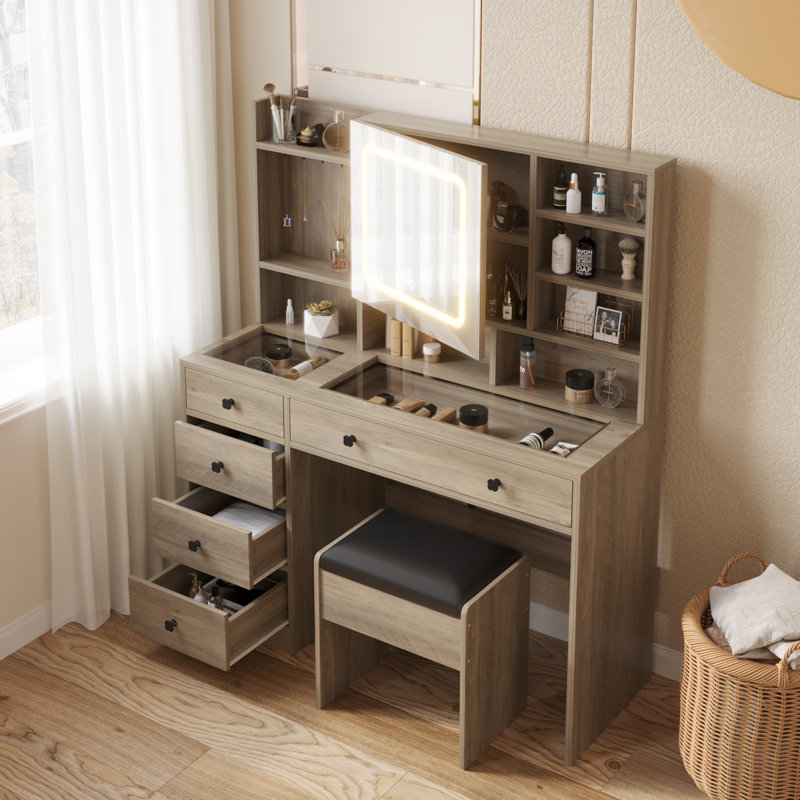 Ensemble de tabouret de coiffeuse Bohuslava, Chêne