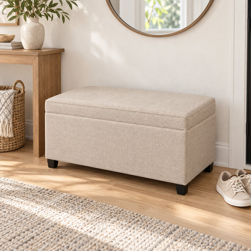 32" Rectangle Storage Ottoman Bench With Linen Upholstered, Beige