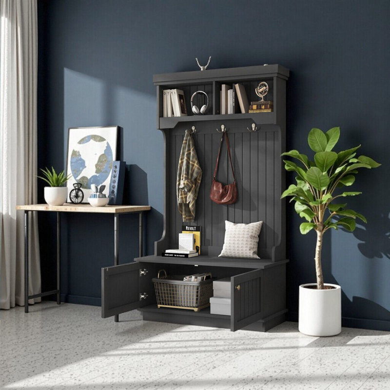White 4-in-1 Hall Tree with Storage Shoe Bench, Coat Racks & Display Shelves for Entryway, Black