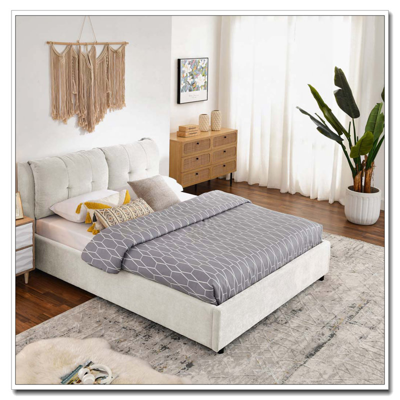 Lit avec rangement en tissu chenille, Grand lit