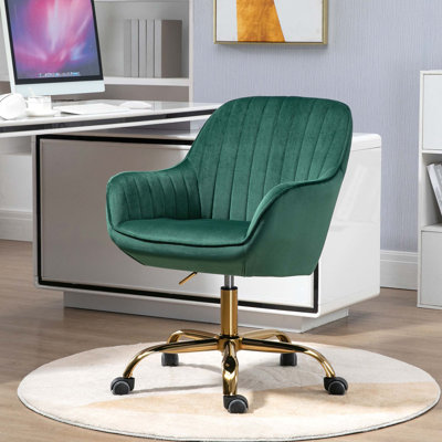 Chaise de travail pivotante en velours vert 360 ° avec dossier haut, chaise de travail réglable avec base de couleur dorée