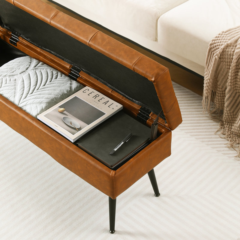 Banc de rangement en similicuir Honoka, Brun cognac, 17" H x 40" W x 13.8" D