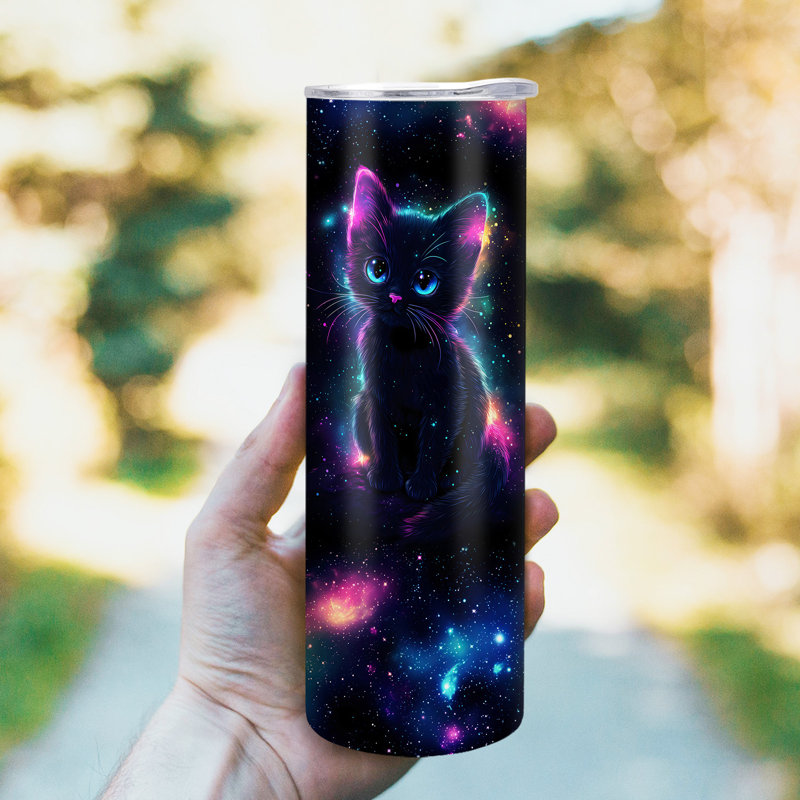20 oz Gobelet en acier inoxydable à double paroi isolé sous vide avec couvercle et paille, galaxie néon