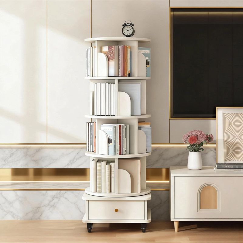 Bibliothèque rotative à 4 niveaux sur 360 ° avec tiroir et roulettes, rangement mobile, Blanc