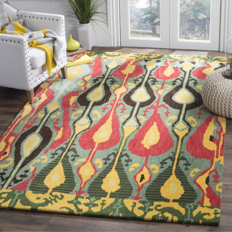 Tapis vert / rouge / jaune touffeté à la main Kline, Rectangle 4 pi x 6 pi