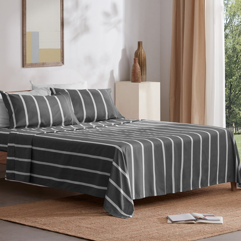 Microfiber Twill Striped Fitted Sheet, Gray/White Stripe, Full Sheet Set + Fitted Sheet + 2 Pillowcases