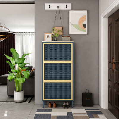 3 Metal Door Shoe Rack, Freestanding Modern Shoe Storage Cabinet, Metal Rattan, For Entryway