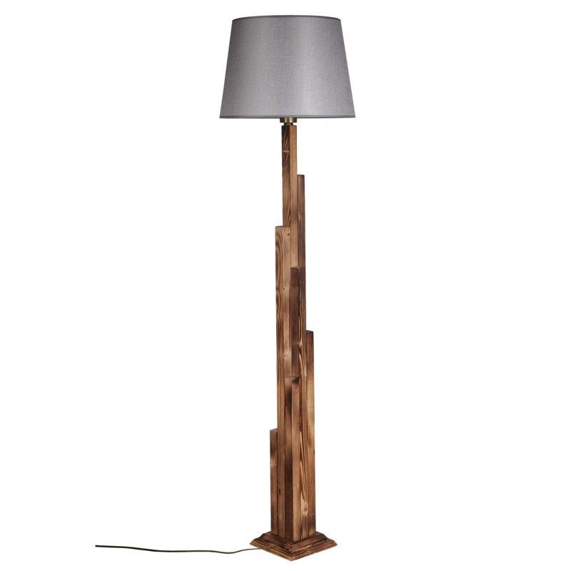 Luro Elegant Wooden Floor Lamp, Brown & Grey, 64.96 in Tall | Fabric Cap: 12.2 in Diameter | Sturdy Base: 8.3 x 8.3 in | E27 Socket, Max 60W | On/Off Switch on Cable | Perfect for Living Room & Bedroom Ambiance