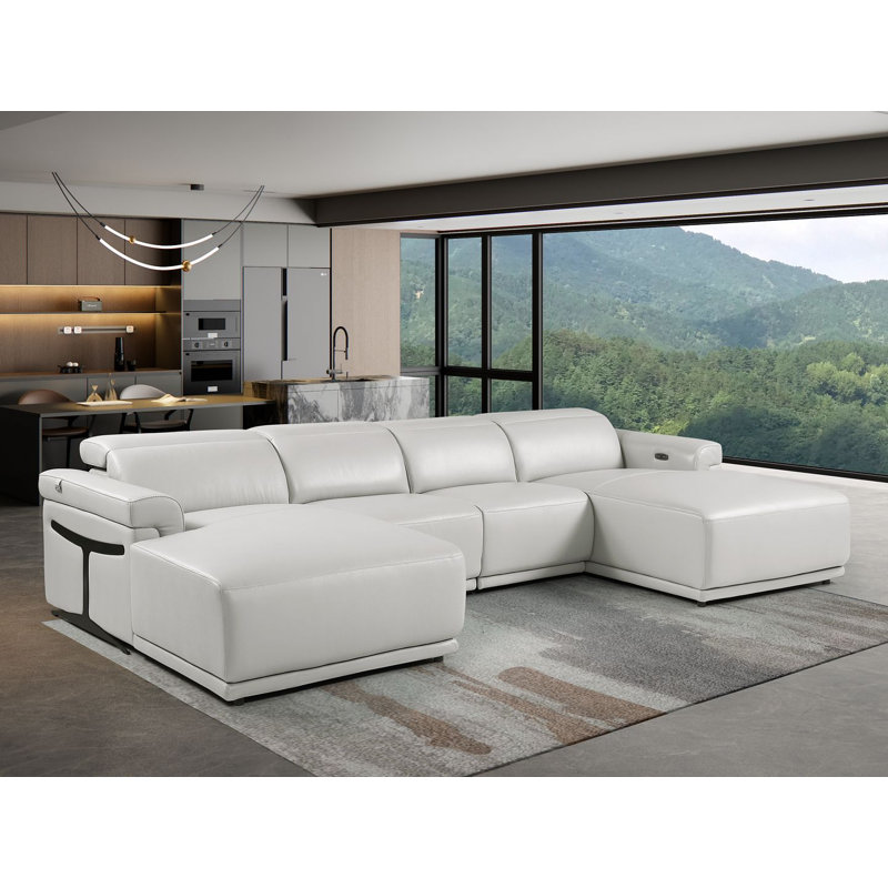 Canapé modulaire en cuir italien 4 pièces gris clair avec 2 fauteuils inclinables électriques et appuis-tête réglables gris clair