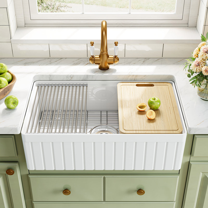 White Fireclay 33 in. Single Bowl Farmhouse Apron Workstation Kitchen Sink with Cutting Board, Bottom Grid, Strainer