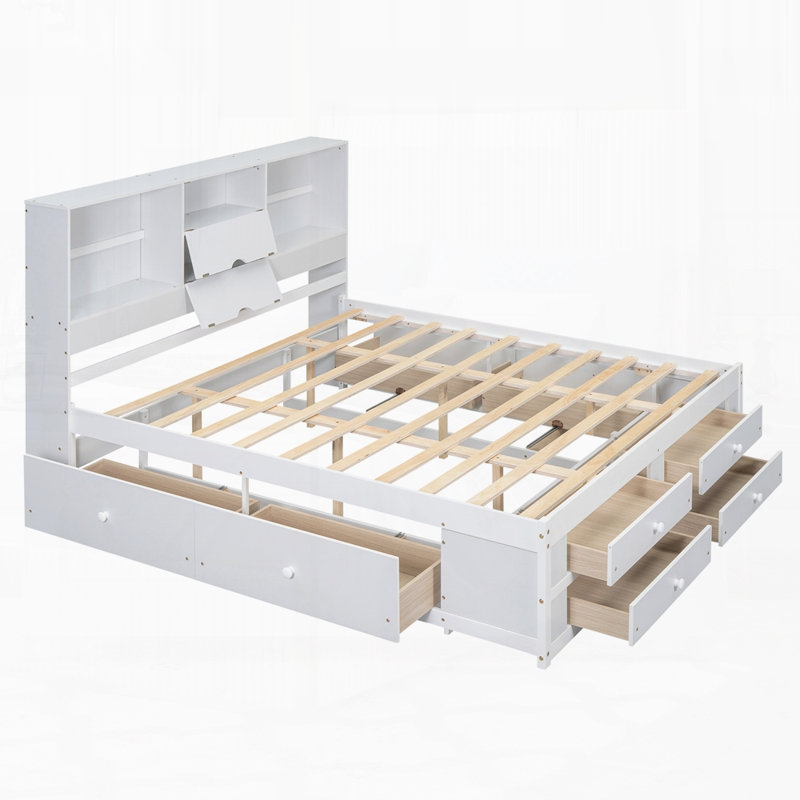 Lit plateforme moderne avec tête de lit avec rangement et 8 tiroirs, Blanc, Très grand lit