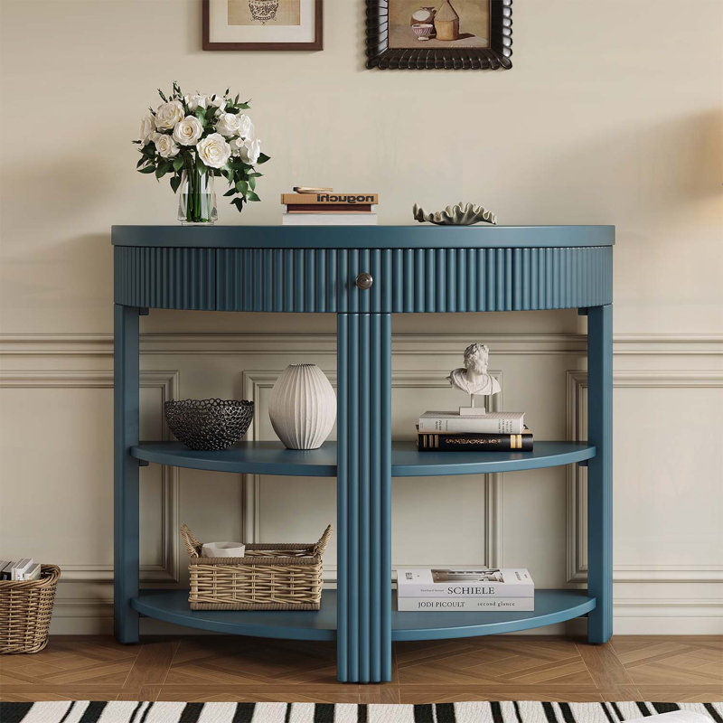 Console cannelée demi-lune avec tiroir et 2 tablettes pour l'entrée, le salon et le couloir (bleu marine), Marine, Marine